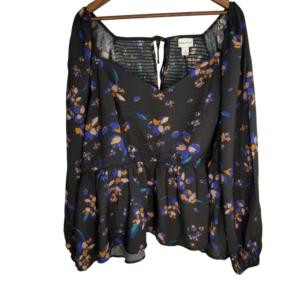 Ava & Viv Womens‎ 4X Black Floral Peplum Top Smocked Cottagecore Long Sleeve NWT